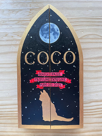 "Coco" (closed), 6.5 x 12", acrylic on panel, 2024