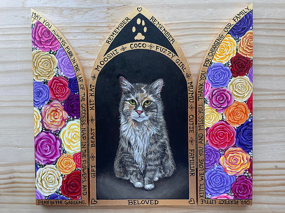 "Coco" (open), 13 x 12", acrylic on panel, 2024