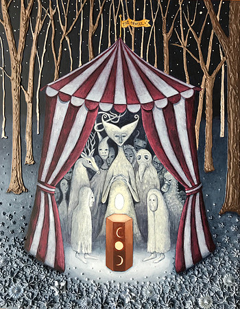 "The Oracle (Leonora Carrington and Friends)", 11 x 14", acrylic on gesso board, 2018