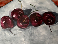 Cherries, 9 x 12", acrylic on canvas board, 2021